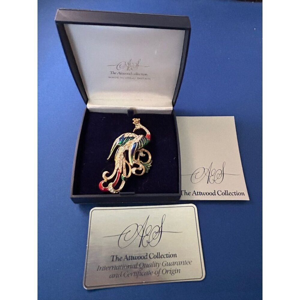 Attwood & Sawyer Peacock Swarovski 22K Gold Plated Enamel Vintage Brooch In Box - Picture 3 of 12